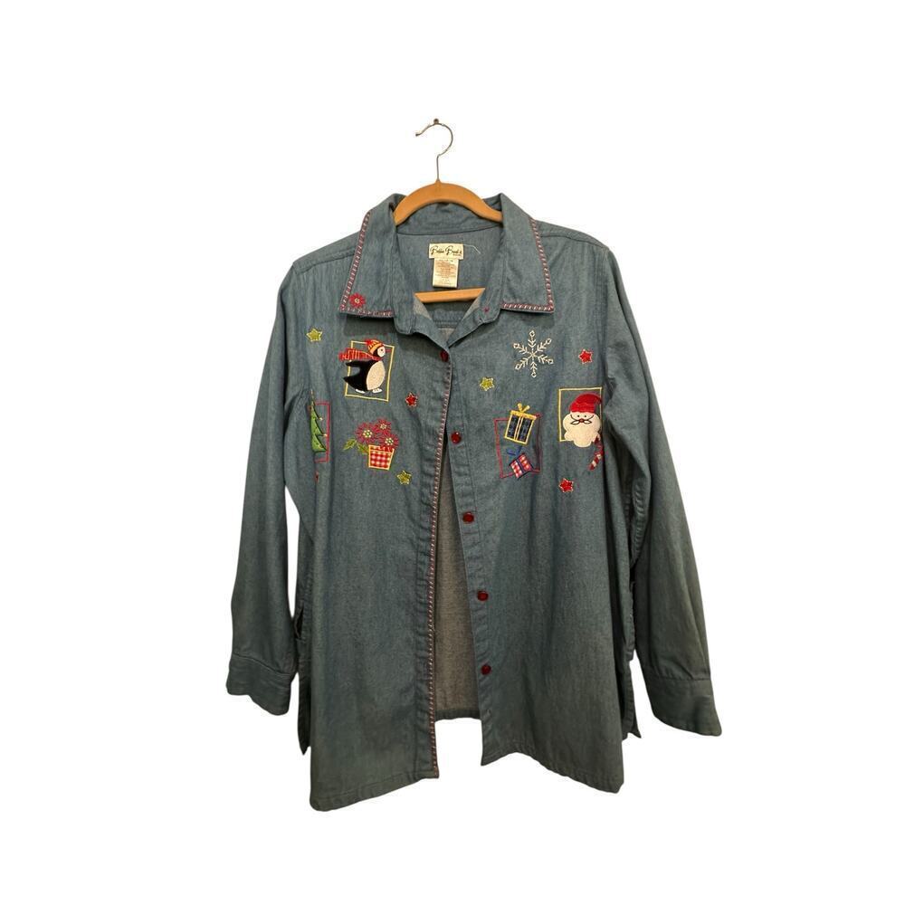 Bobbie Brooks Women's Blue Christmas Santa Penguin Embroidered Denim Shirt 14W